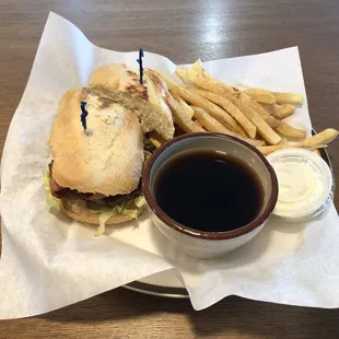 JJ&apos;s Burger - 6oz patty, French roll, LTO, bacon, 1,000 Island dressing with au jus. Hand cut fresh fries. Same owner as JJ&apos;s on Pac Hwy.