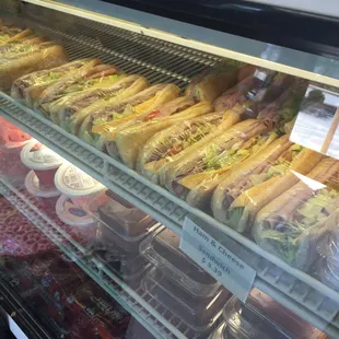 a display of sandwiches