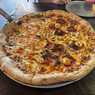 1/2 BBQ Chicken Specialty and 1/2 Spinach &amp; Garlic Specialty Whole Pies 18&quot;.