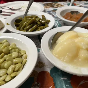 Lima beans, stewed potatoes, green beans, baked apples