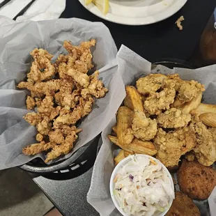 Clam strips and oyster basket. Light coating and delicious