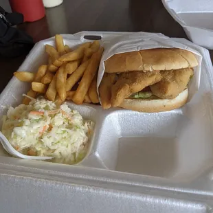 Fish sandwich basket, sub onion rings for coleslaw