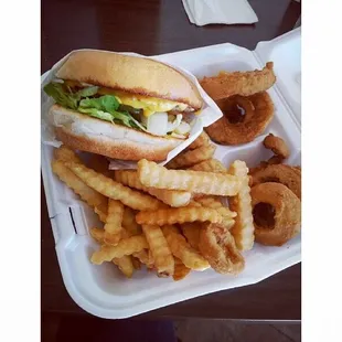 Cheese burger with fries and onion rings