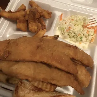 2 piece fish 4 shrimp fries, toast, and coleslaw