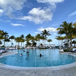 a pool surrounded by palm trees