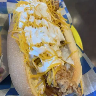 Chicken Tender, Ranch, Bacon and Cheese Dawg.