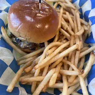 Classic X's 2 with Cheese!  Shoe string fries.