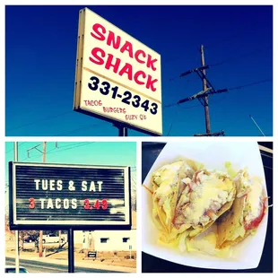 a sign and a plate of food