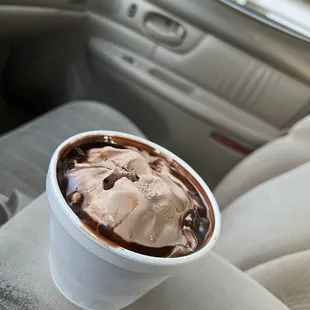 Hot fudge Sunday with chocolate soft served ice cream~