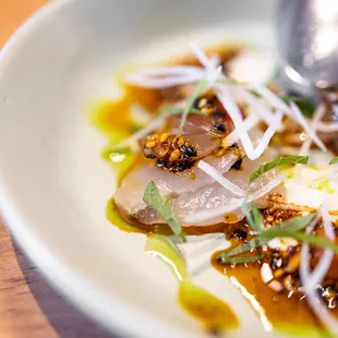 Halibut Crudo w/  Macadamia Nut Salsa Macha (part of 11 course &quot;Let Us Cook For You&quot; $85/ea)