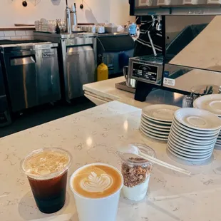 Cold brew, granola and latte