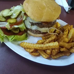 Double bacon cheese burger with the works. Very delicious.