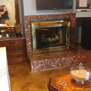 Our cake and and fireplace