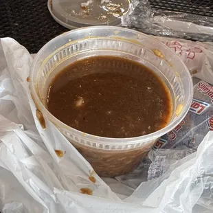 Seafood gumbo without much seafood, mostly broth - too salty to eat. $11.50 for this is extreme, imo.