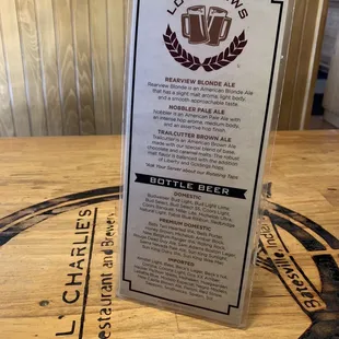 Drink menu at table. I had the Trailcutter Brown Ale. It was ok.