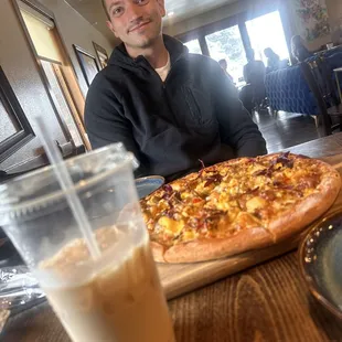 Breakfast pizza with vanilla cold brew coffeee