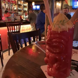 For the next sparkling H20, I asked Dick if she had a cocktail umbrella. Dick produced a tiki god + penis straw + fruit slices and...lol.