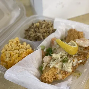 Catfish Jourdain, Dirty Rice, and Macaroni &amp; Cheese