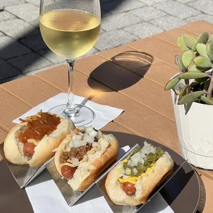 Mini hot dogs and a house Chardonnay