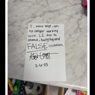 Pictured: Former childcare worker's (Katie's) resignation note.