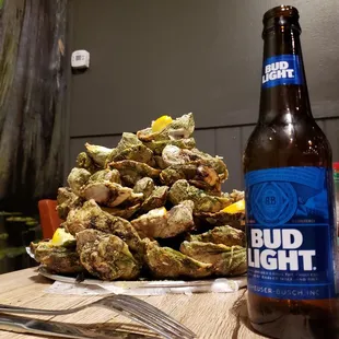 a plate of oysters and a bottle of bud light