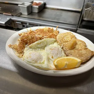 Pork medallion and eggs. $10.99