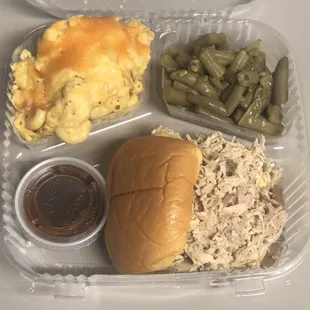 Turkey bbq, green beans, mac and cheese
