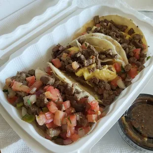 Carne Asada breakfast tacos, 3 per order