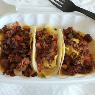 Chorizo Breakfast Tacos, 3 per order