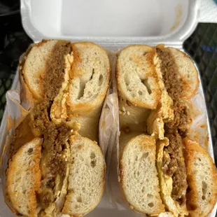 El chorizo on an everything bagel cut in half