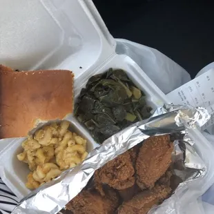 a meal in a styrofoam container
