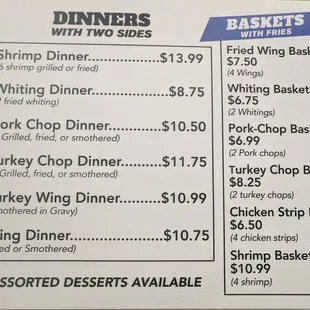 Dinners &amp; Baskets menu