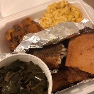Whiting dinner with Candy Yams, Macaroni N' Cheese, Collard Greens and cornbread