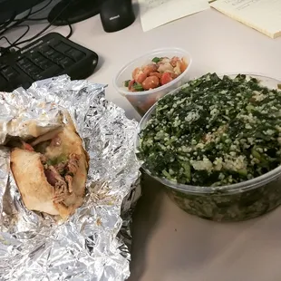 Spicy chicken shwarma, Tabbouleh, and fava bean salad