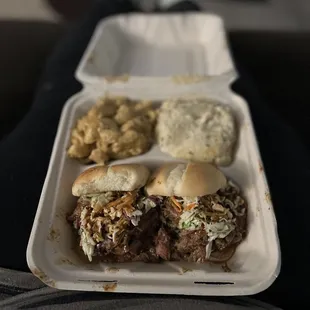 Sliders, Mac and cheese, and Garlic Mashed Potatoes