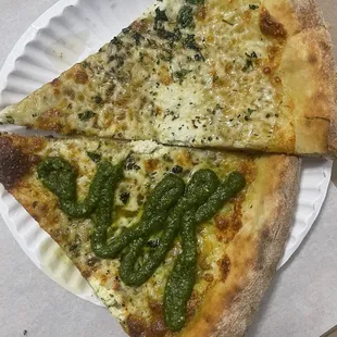 White pizza with pesto and white pizza with hot honey drizzle!!
