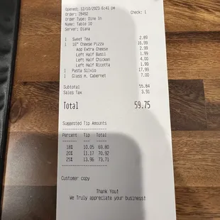 a receipt for a restaurant