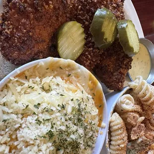 nashville hot chicken strips with garlic parm mashed potatoes and pasta salad