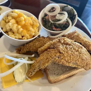 Fried whiting fish, mac &amp; cheese, greens