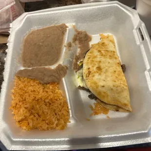 Beef quesadilla, rice and beans