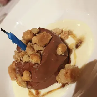 Dark chocolate panna cotta with peanut brittle