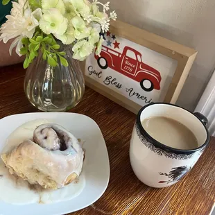 Cinnamon roll, and coffee
