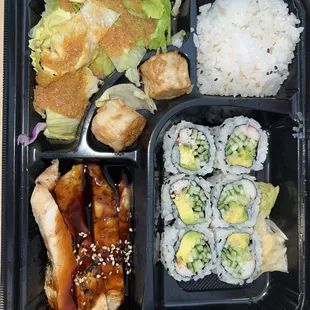 Lunch bento box chicken teriyaki came with salad California roll rice and 2 shrimp pieces