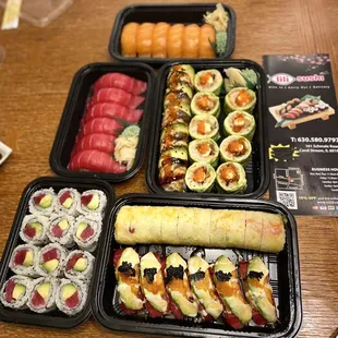 Tuna and Salmon sushi, Tuna and Avocado Roll, Sunshine Roll, Dragon Roll, Creamy Roll, &amp; Bears Roll