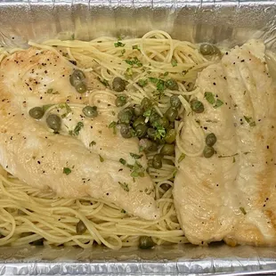 Chicken piccata. May not look like much but was super tasty and enough to fill you up.