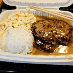 @Liliha Drive Inn; 1/26/2024. Thnx Hubby David 4picking up my,*Mini Hamburger Steak*. Forgot 2say, No Mac Salad 4me! Tossed it! So Full.