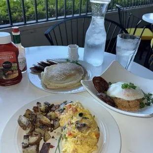 Veggie omelette with potatoes so much food and this was only 10 bucks. My daughter ordered kimchi fried rice. We split the yummy pancakes.