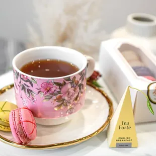 a cup of tea and macaroons