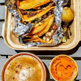 BIRRIA TACOS: slow cooked beef in corn tortillas with onion, cilantro, &amp; melted cheese; consomme and spicy red sauce on the side.$14.99