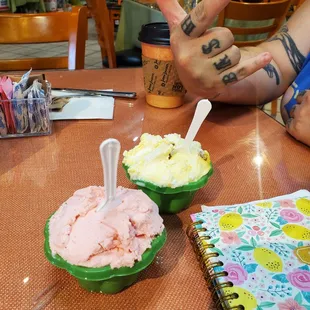 dairy-free strawberry lavender gelato and regular rum raisin gelato